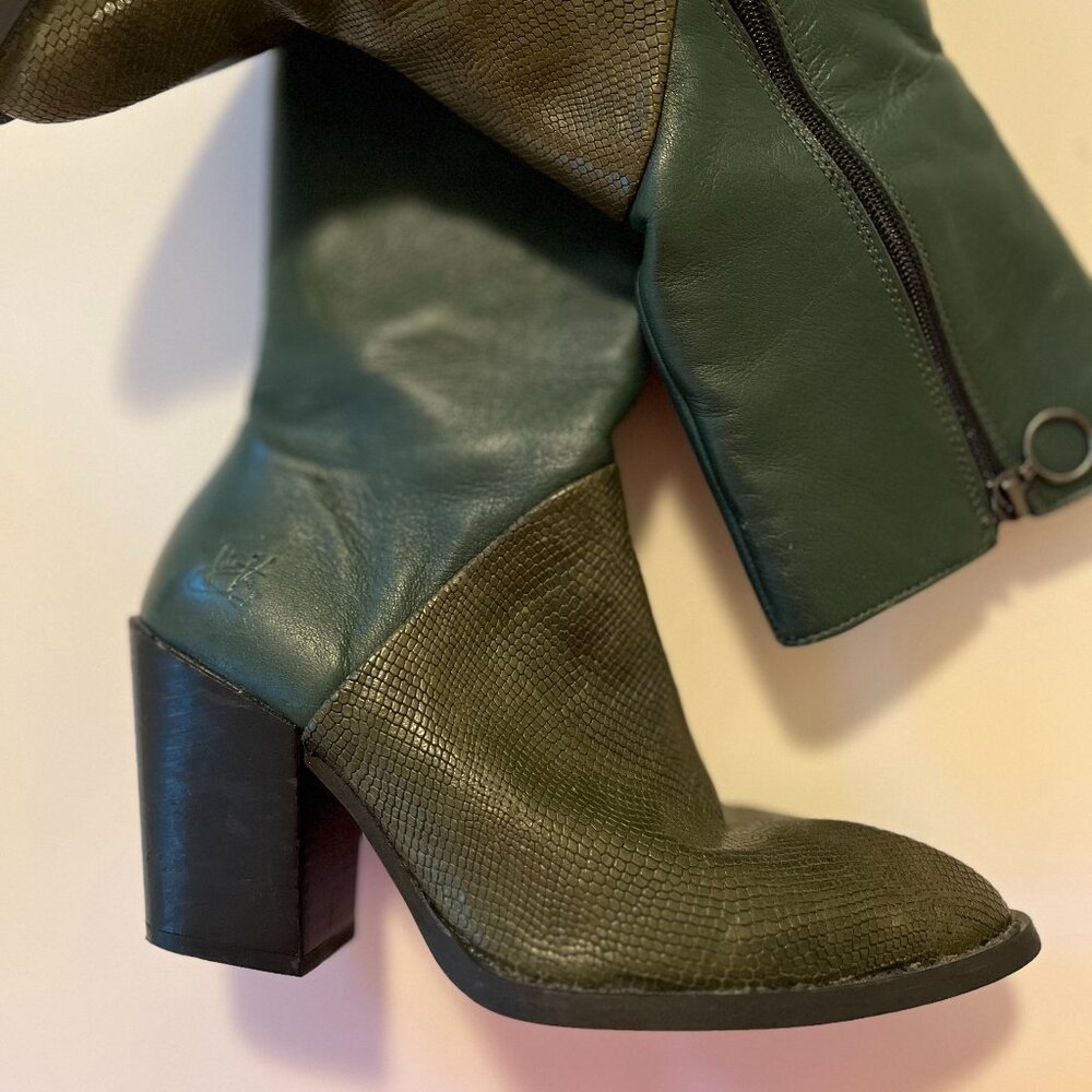 John Fluevog Olive Green Mixed-Texture Heeled Boots